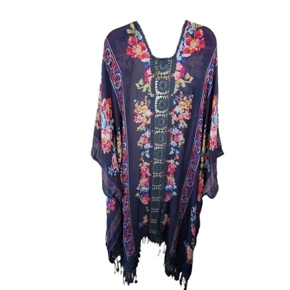 WOVEN HEART GORGEOUS floral fringe crocheted kimono Duster‎ wrap plus 2X New